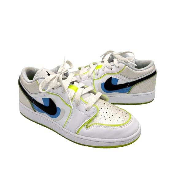 Nike Kids Youth Air Jordan 1 Low SE Warped Swoosh White Leather Neon Sneakers - Picture 1 of 7